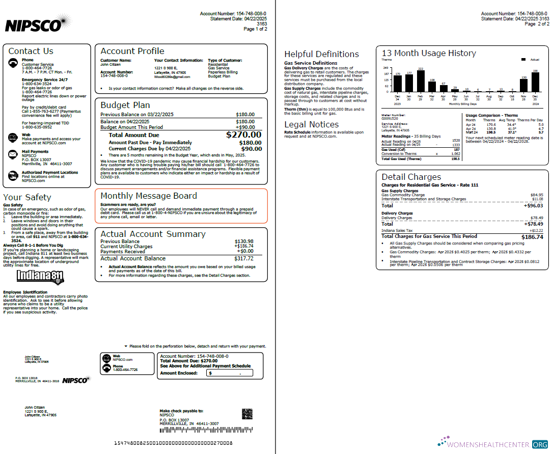download download USA NIPSCO utility bill template in Word and PDF formats, 2 pages PDF template PDF template